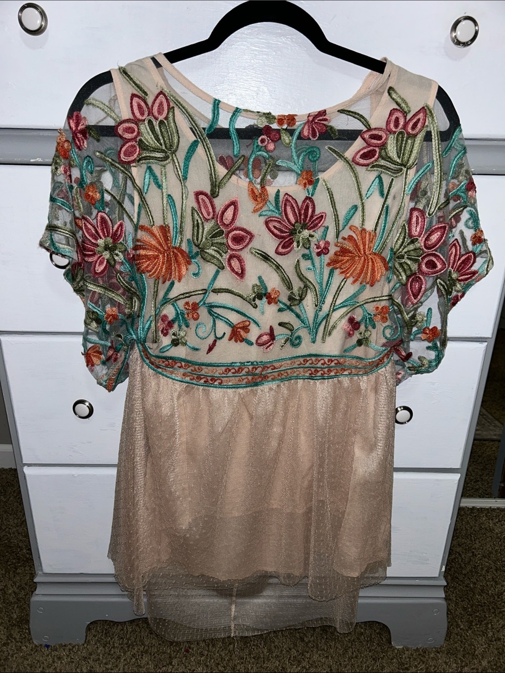 Women’s Tassels N Lace Beige Embroidered Floral Sheer Overlay Tunic